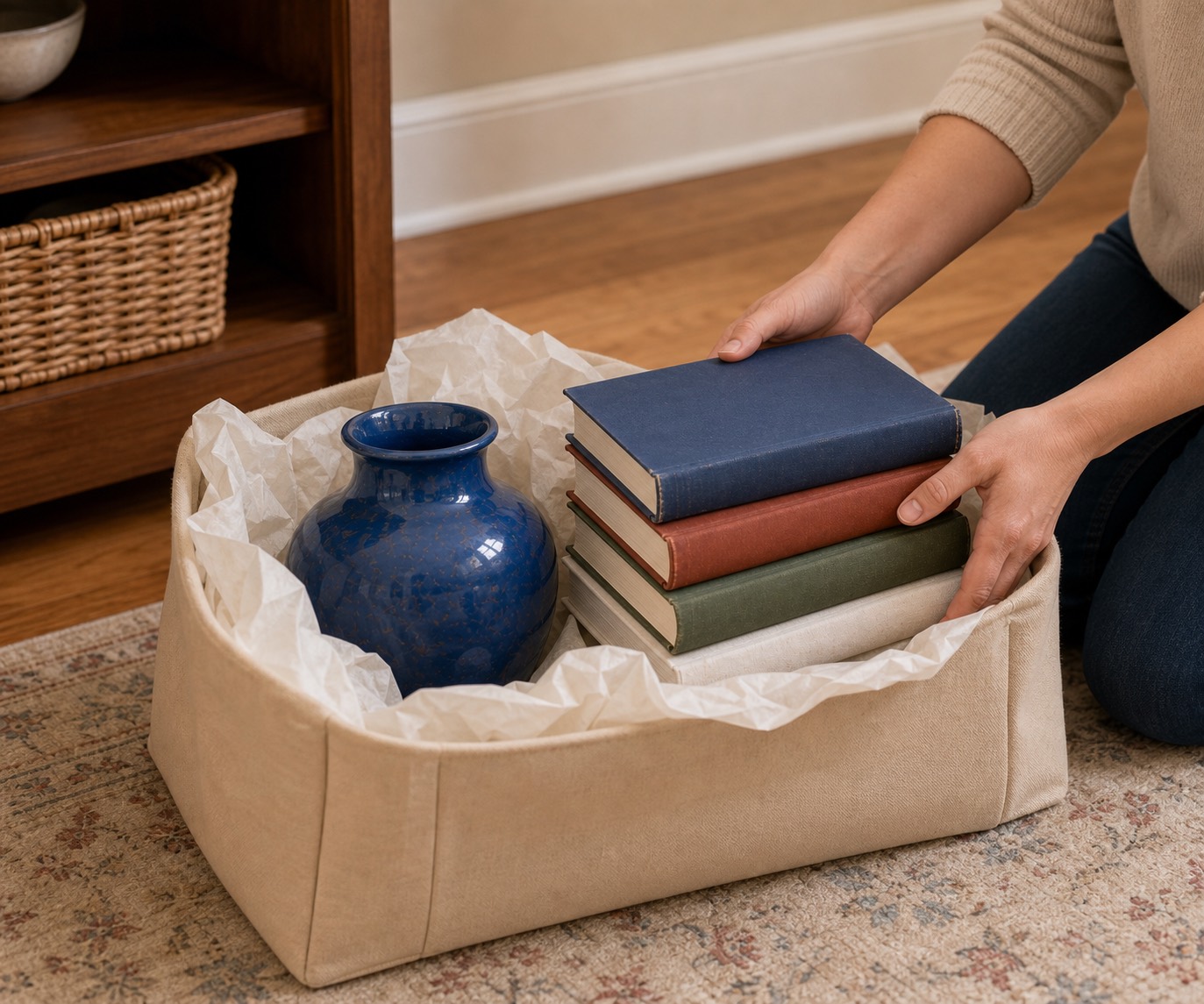 Blue ceramic vase and hardcover books carefully packed for donation
