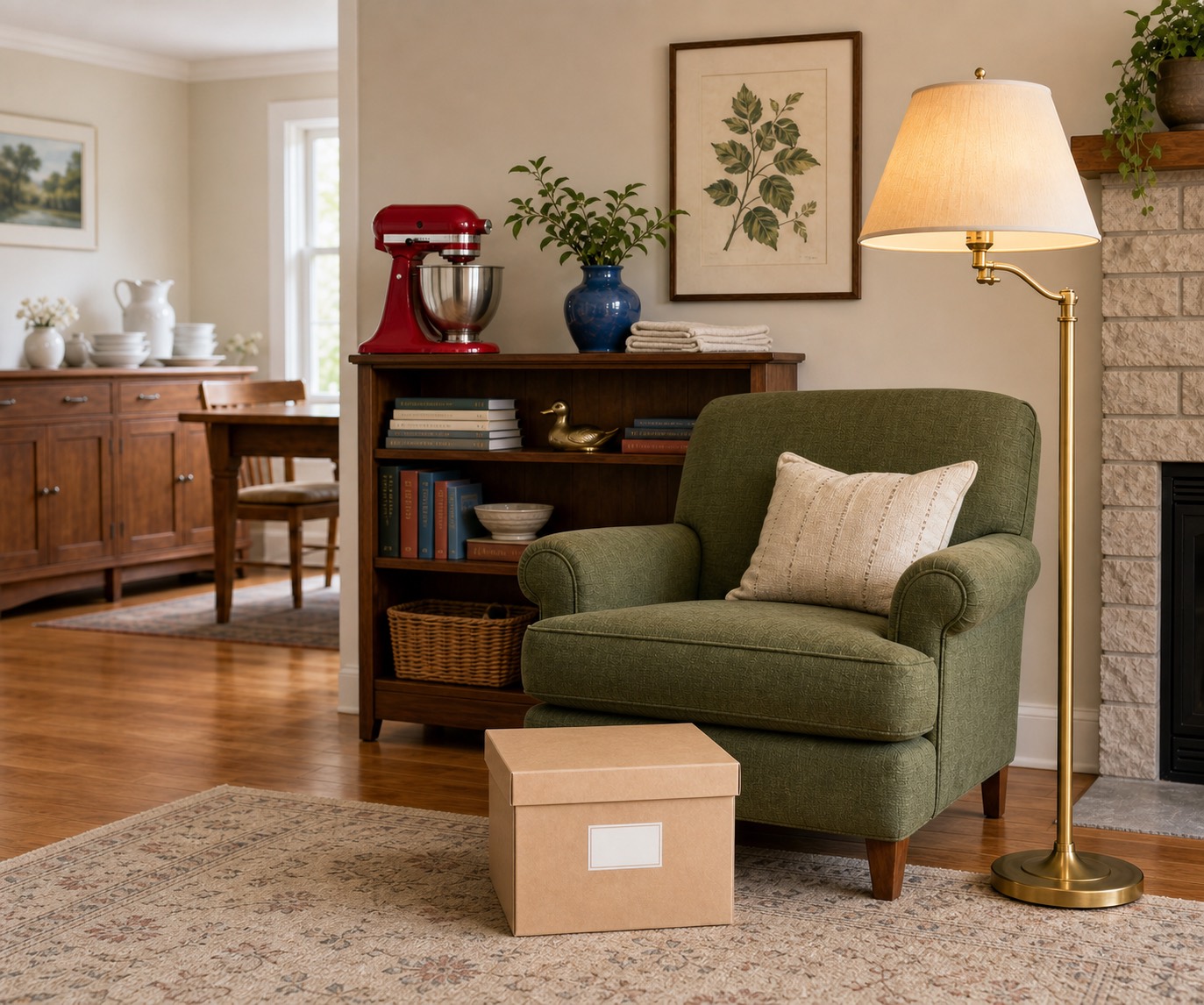 Retained household items organized with a labeled box and floor lamp