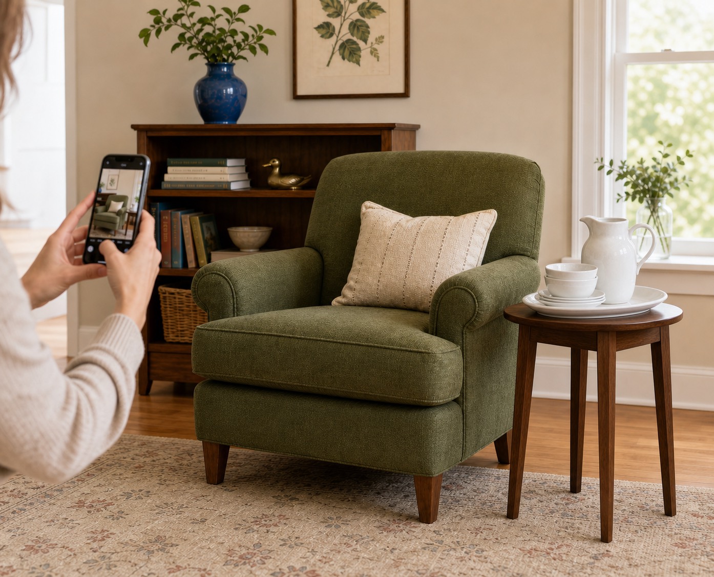 Green armchair and white serving set being photographed for sale