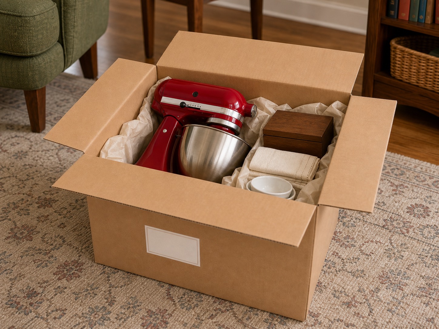 Open labeled storage box containing a red mixer and smaller retained household items