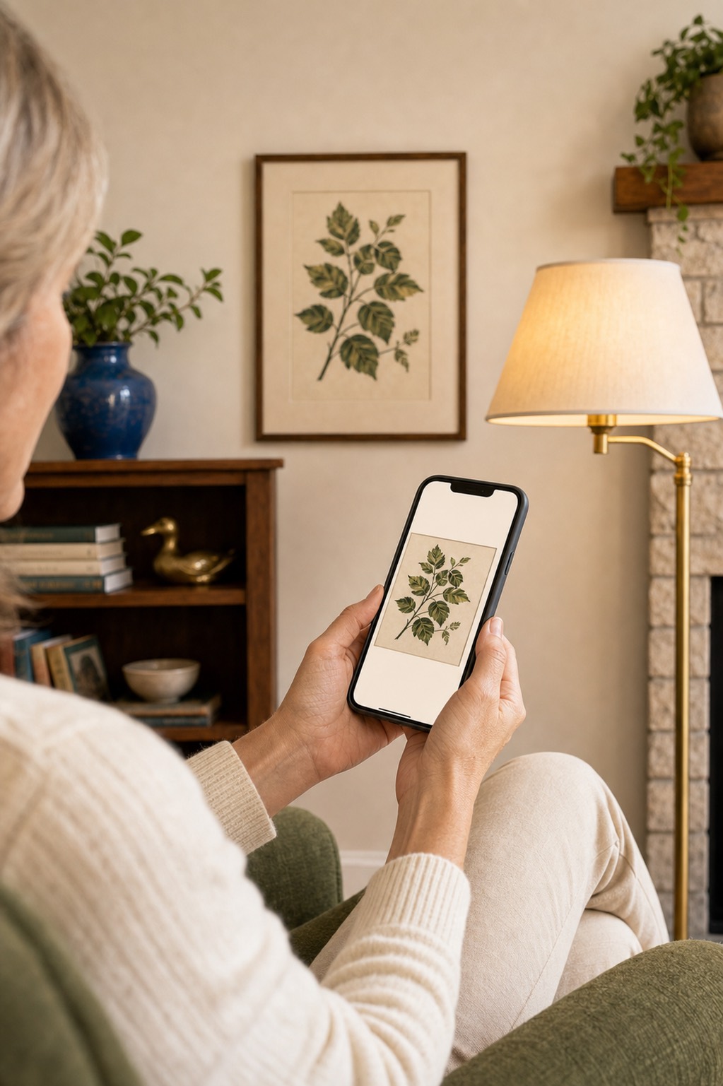 Client reviewing a framed botanical artwork on a phone