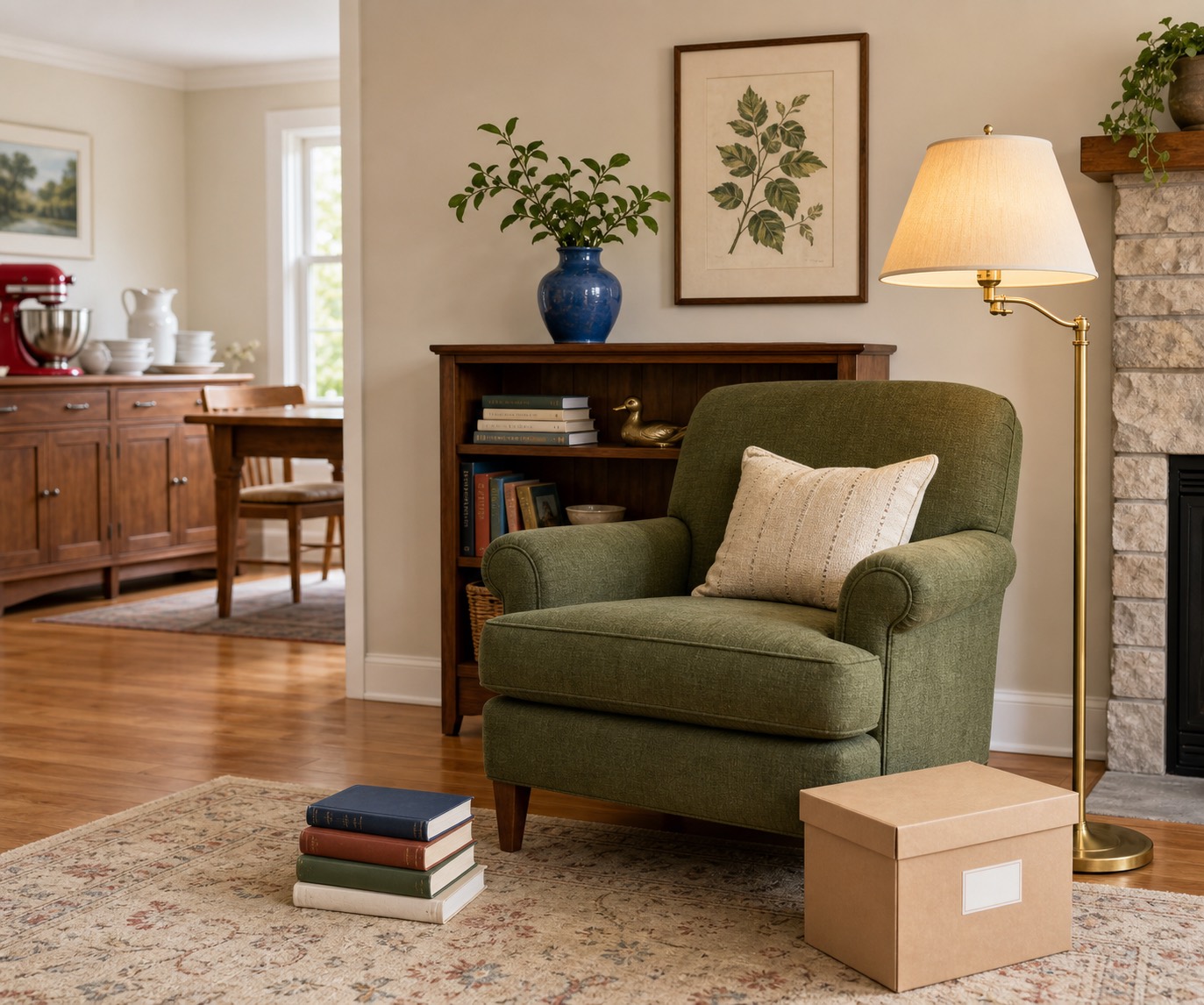 Warm living room with household belongings prepared for an organized downsizing project