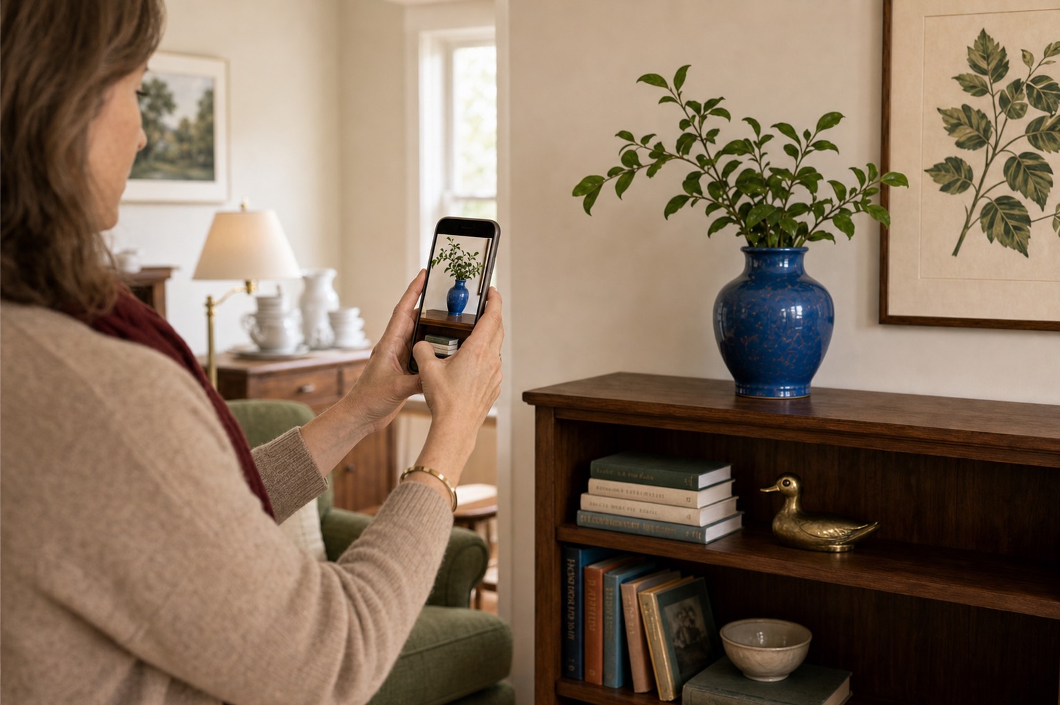 Professional organizer photographing a blue ceramic vase